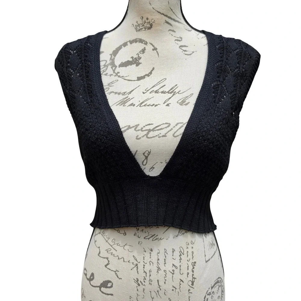 Free People Intimately Black Pointelle Knit Deep V-Neck Crop Top Sleeveless S